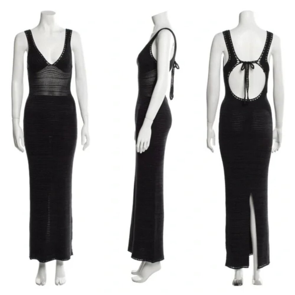 NWT Torn by Ronny Kobo Madi‎ Crochet Holiday Open Back Maxi Dress Metallic Black